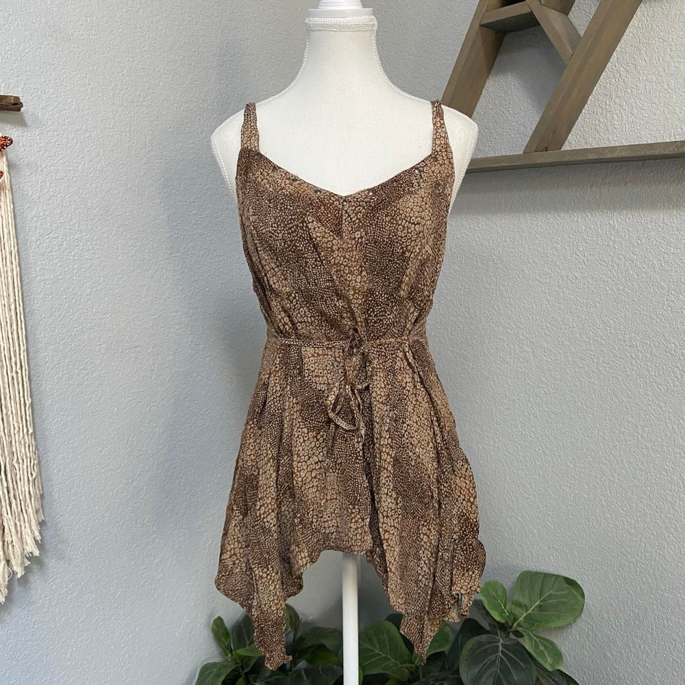 MATERNITY BROWN GRAPHIC PRINT TIE SLEEVELESS TANK BLOUSE Y2K BOHO FAIRY GRUNGE